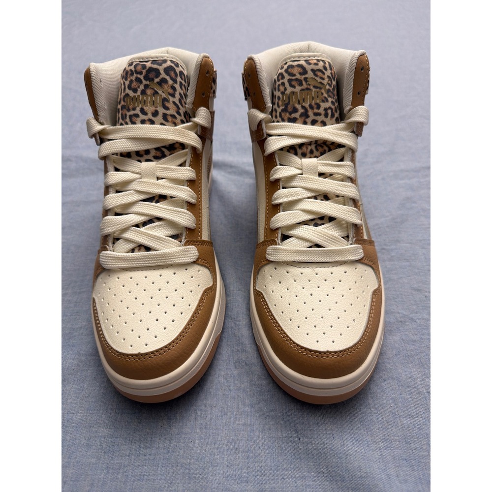Puma Rebound Joy Mid Leopard Tan Cream High Top Sneakers 407625-01 Womens 8.5